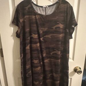 Casual Camo Shift Dress - Brown & Olive short sleeve  sz 1x